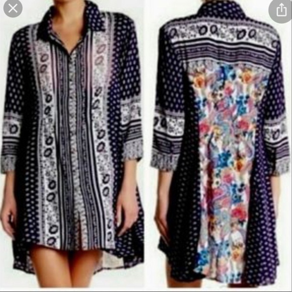 CYRENA Bohemian Black and White with Paisley High Low Pleated Shirt Dress Size S